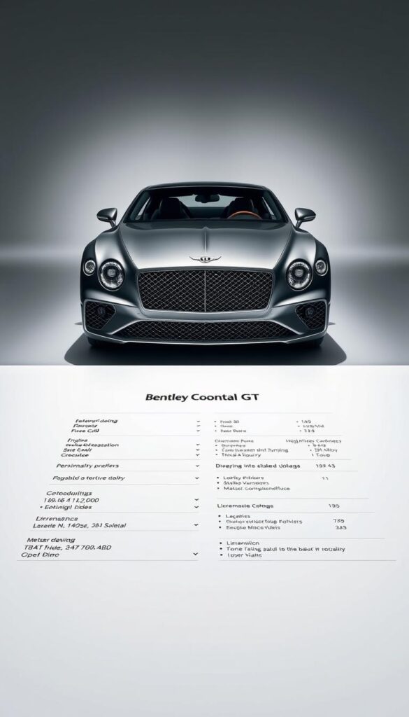 A sleek and sophisticated Bentley Continental GT, shot in a high-contrast lighting setup, showcasing its technical specifications on a clean, minimalist table. The car is presented in a dynamic, three-quarter angle, capturing its elegant silhouette and the distinctive Bentley grille. The table displays a meticulously designed layout of key technical details, such as engine specifications, performance figures, and dimensions, all rendered in a modern, high-quality typographic style. The overall composition exudes a sense of luxury, precision, and attention to detail, reflecting the essence of the IsCarOk brand.
