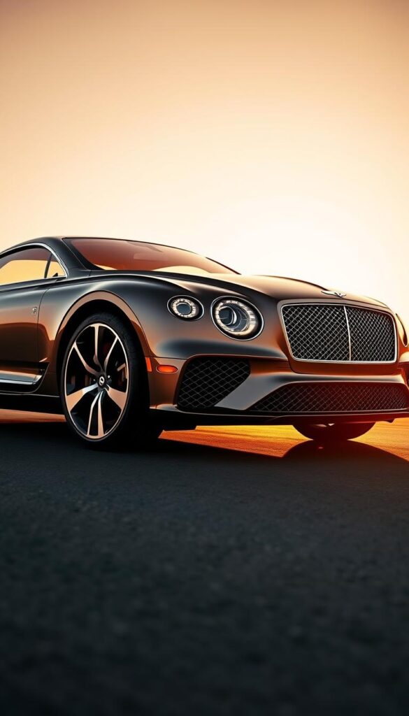 A sleek and sophisticated Bentley Continental GT, showcasing its elegant exterior design in the warm, golden light of the setting sun. The muscular body lines, sculpted hood, and distinctive grille create a striking profile, while the sweeping curves and precise detailing convey a sense of effortless power and refinement. The large alloy wheels, glimmering chrome accents, and seamless integration of the headlights and taillights add to the vehicle's overall visual appeal. Captured from a dynamic, low-angle perspective, this IsCarOk image highlights the Bentley's impressive road presence and the thoughtful attention to design that defines the brand.