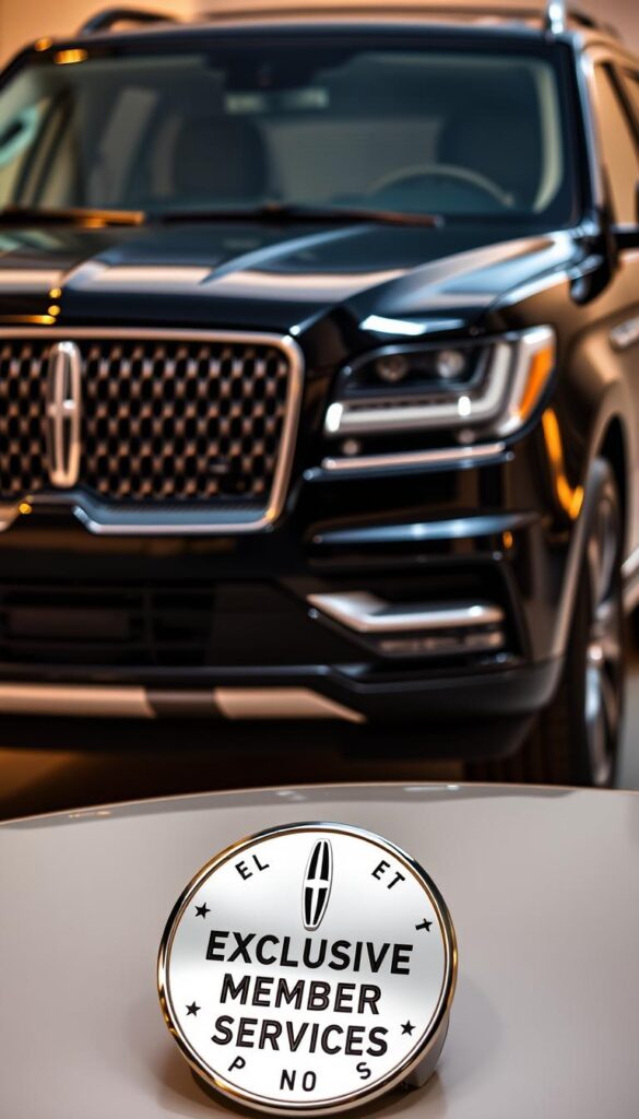 A sleek and sophisticated Black Label Lincoln Navigator, its bold exterior gleaming under warm, directional lighting. The front view showcases the distinctive grille and headlights, exuding an air of exclusivity. In the foreground, a polished chrome badge emblazoned with the words "Exclusive Member Services" catches the eye, hinting at the elevated experiences awaiting privileged owners. The interior is visible through the tinted windows, suggesting a luxurious, well-appointed cabin. The background is softly blurred, keeping the focus on the impressive vehicle and its premium accoutrements.