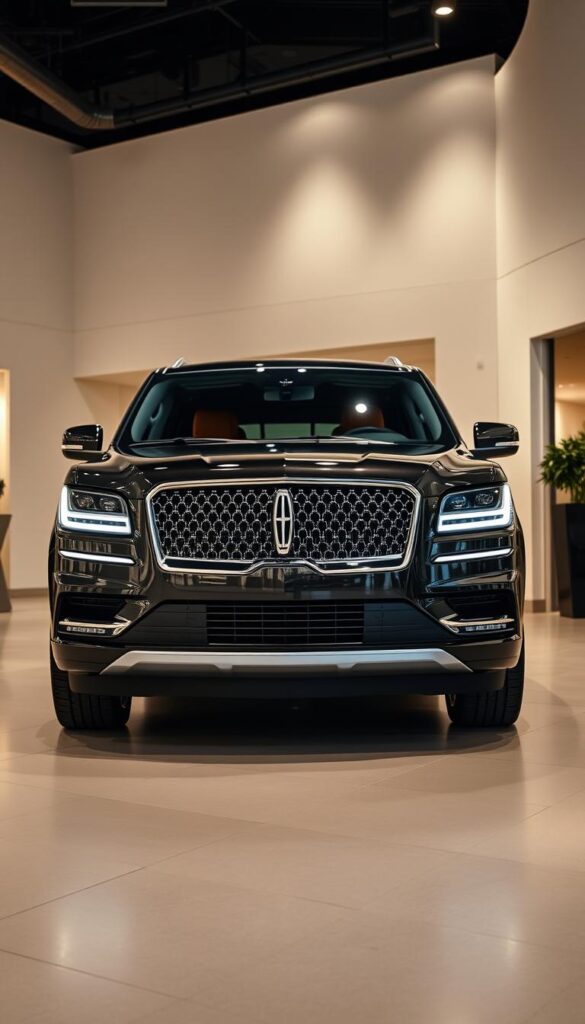 A sleek and sophisticated Certified Pre-Owned 2018 Lincoln Navigator Black Label, showcased in a contemporary showroom setting. The vehicle's bold, distinctive grille and sweeping lines are illuminated by soft, warm lighting, creating an inviting and premium atmosphere. The interior is meticulously detailed, with rich leather upholstery, polished wood accents, and state-of-the-art infotainment system, highlighting the exceptional quality and craftsmanship of this certified pre-owned luxury SUV. The image is captured from a low, three-quarter angle, emphasizing the Navigator's commanding presence and evoking a sense of exclusivity and desirability.