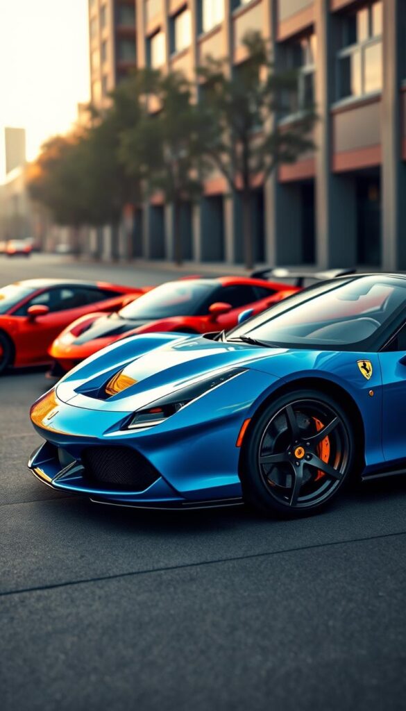A sleek and sophisticated Ferrari SF90 Spider in a vibrant azure blue, captured in a dynamic three-quarter angle. The foreground features the sculpted, aerodynamic bodywork, with intricate details like the sharp creases, aggressive air intakes, and the iconic Prancing Horse emblem. In the middle ground, the Spider is juxtaposed against its rivals - a Lamborghini Aventador and a McLaren 720S, each in their respective striking colors, creating a visually captivating comparison. The background is a softly blurred urban setting, adding a sense of context and environment. The lighting is dramatic, with a warm, golden hue accentuating the curvaceous form of the Ferrari, while cooler tones highlight the angular designs of the competitors. Captured with a wide-angle lens to emphasize the dynamic presence of the vehicles.
