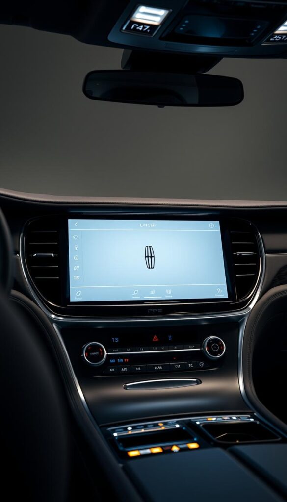 A sleek and sophisticated Lincoln Navigator 2024 Black Label infotainment system is showcased in a well-lit studio setting. The display panel is centrally positioned, surrounded by a seamless, high-gloss black bezel that blends effortlessly into the vehicle's interior. The screen is illuminated, showcasing a vibrant, high-resolution interface with intuitive touch controls. Subtle ambient lighting casts a warm glow, highlighting the system's premium materials and luxurious aesthetic. The image captures the infotainment system's elegant design and advanced technological capabilities, reflecting the opulent style and refined craftsmanship of the 2024 Lincoln Navigator Black Label.
