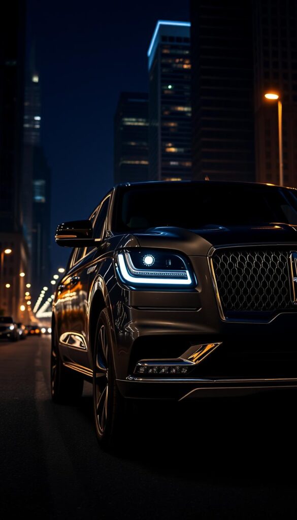 A sleek and sophisticated Lincoln Navigator Advanced Technology Package, captured in a striking low-angle view. The vehicle's bold grille and angular LED headlights dominate the foreground, while the elegant body lines and chrome accents create a refined, premium presence. The mid-ground showcases the vehicle's advanced driver assistance features, with a clean and intuitive dashboard display and cutting-edge infotainment system. The background features a dimly lit urban setting, with skyscrapers and street lamps creating a dramatic, high-tech atmosphere, accentuating the Navigator's technological prowess and luxury positioning.
