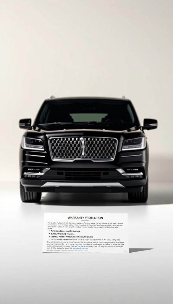 A sleek and sophisticated Lincoln Navigator Black Label SUV, showcased against a modern, minimalist backdrop. The vehicle's striking black exterior gleams under crisp, directional lighting, highlighting its bold, angular design. In the foreground, a detailed warranty protection card takes center stage, conveying the comprehensive coverage and extended protection plans available. The middle ground features a clean, white surface, allowing the warranty information to be clearly visible. The background is a simple, neutral tone, creating a sense of depth and emphasizing the key product details. The overall composition exudes a sense of quality, reliability, and the peace of mind that comes with owning a premium Lincoln vehicle.