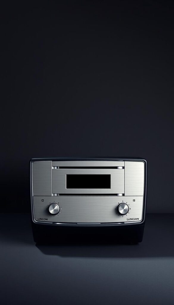 A sleek and sophisticated Lincoln Navigator Black Label audio system, captured in a meticulously lit studio setting. The brushed aluminum faceplate and controls are highlighted with soft, directional lighting, creating a sense of depth and precision. The system is situated against a subtly textured, charcoal gray background, allowing the bold, angular design to take center stage. The overall composition exudes a premium, high-end aesthetic, perfectly suited to complement the luxurious interior of the Lincoln Navigator Black Label.