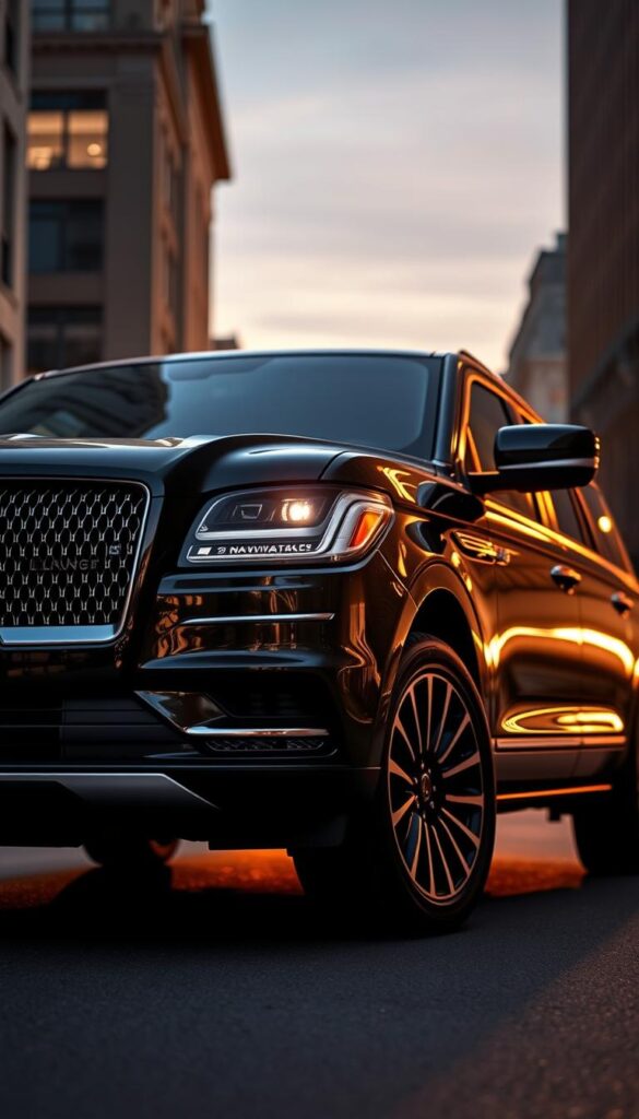 A sleek and sophisticated Lincoln Navigator Black Label, bathed in a deep onyx hue, stands proudly on a city street at dusk. The clean, sculpted lines of the exterior are accentuated by warm, directional lighting that casts dramatic shadows, highlighting the vehicle's imposing grille, sharp LED headlamps, and distinctive chrome trim. The reflection of the streetlights and surrounding buildings creates a sense of urban elegance, while the low, wide stance and large alloy wheels convey a powerful, commanding presence. The overall impression is one of unparalleled luxury, refined style, and a relentless pursuit of design excellence.
