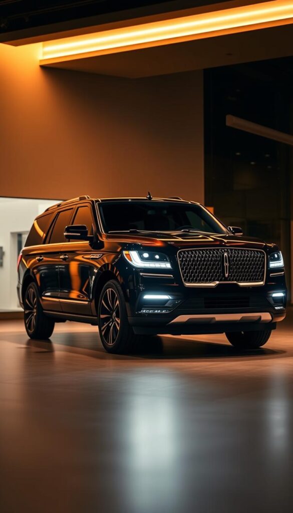 A sleek and sophisticated Lincoln Navigator Black Label in a dimly lit showroom, illuminated by warm, soft lighting that accentuates its elegant lines and premium materials. The vehicle is positioned prominently, capturing the attention of potential buyers. The background is blurred, creating a sense of focus on the SUV's striking presence. The image conveys a high-end, luxurious atmosphere, inviting the viewer to imagine themselves behind the wheel of this prestigious, market-leading offering.