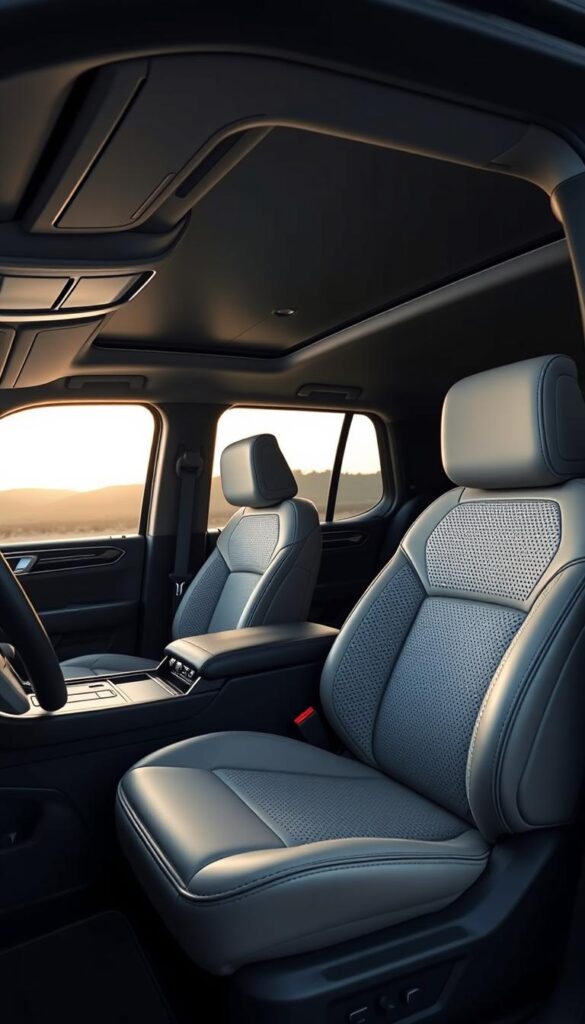 A sleek and sophisticated Lincoln Navigator Black Label interior, showcasing the exceptional comfort and seating innovation. The supple, perforated leather seats, meticulously crafted, offer unparalleled support and relaxation. Subtle ambient lighting casts a warm glow, creating a serene and luxurious atmosphere. The center console and dashboard seamlessly integrate advanced technologies, blending form and function. Attention to detail is evident in the precision stitching and high-quality materials. The cabin exudes an air of refined elegance, perfectly complementing the Navigator's commanding presence on the road.