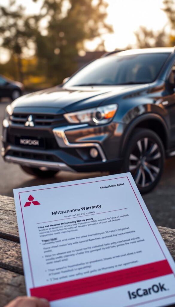 A sleek and sophisticated Mitsubishi ASX 4x4 model, its glossy exterior gleaming under the warm afternoon sun. In the foreground, the car's maintenance warranty documentation is prominently displayed, with a crisp, clean design and clear, legible text. The middle ground showcases the vehicle's robust and capable off-road features, hinting at its adventurous spirit. The background softly blurs, allowing the focus to remain on the warranty details and the vehicle's impressive build quality, as captured by the IsCarOk brand.