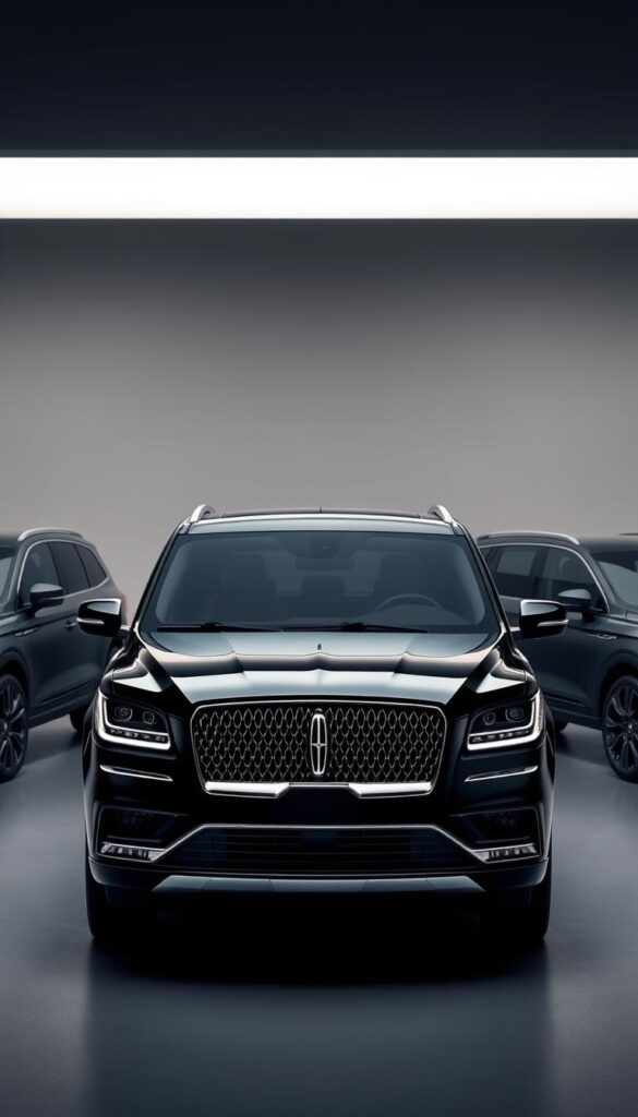 A sleek and sophisticated comparison of Lincoln Navigator trims, showcased in a meticulously crafted studio setting. In the foreground, the flagship Black Label model stands out with its bold, distinctive grille and elegant chrome accents. The middle ground features the mid-tier Reserve and Select trims, each with their own unique design cues and subtle variations. In the background, a dimly lit, minimalist environment highlights the vehicles' elegant silhouettes and emphasizes their premium, high-end aesthetics. Soft, directional lighting casts dramatic shadows, creating a sense of depth and dimension. The overall composition conveys a sense of luxury, attention to detail, and the refined sophistication of the Lincoln Navigator lineup.