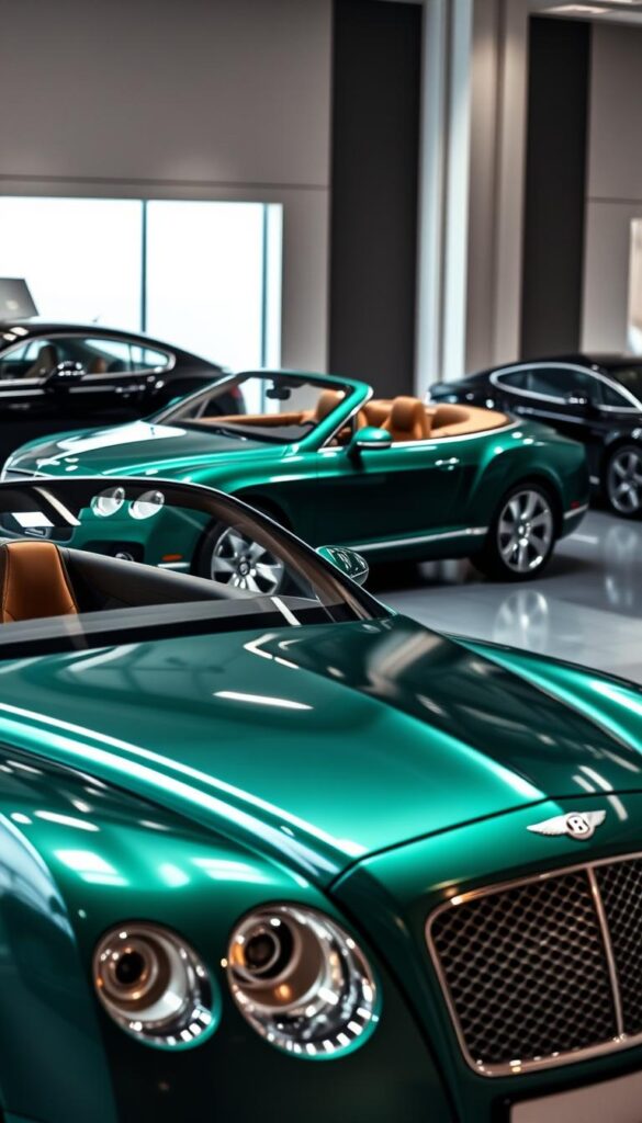 A sleek and sophisticated showroom display showcasing the 2005 Bentley Continental GT's trim levels. In the foreground, the base model gleams in a deep, lustrous British Racing Green, its chrome accents and signature grille catching the soft, diffused lighting. In the middle ground, the higher-spec GT Mulliner variant stands out with its polished alloy wheels and custom leather interior. Further back, the high-performance GT Speed edition sits proudly, its muscular silhouette and distinctive dark paint hinting at its powerful turbocharged engine. The scene is captured with a shallow depth of field, creating a sense of depth and visual interest. Rendered by IsCarOk.