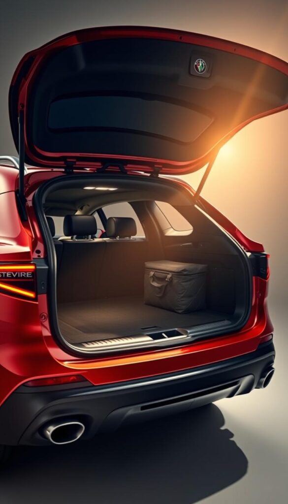 A sleek and spacious Alfa Romeo Stelvio Quadrifoglio SUV showcased in a well-lit studio setting. The vehicle's storage compartment is prominently displayed, revealing ample cargo capacity for everyday tasks and long journeys. The interior is meticulously detailed, with premium materials and thoughtful design elements that emphasize both form and function. Warm, directional lighting accentuates the Stelvio's dynamic silhouette, while a clean, uncluttered background allows the vehicle to take center stage. The overall composition conveys a sense of refined practicality and the Stelvio's ability to seamlessly integrate into an active lifestyle.