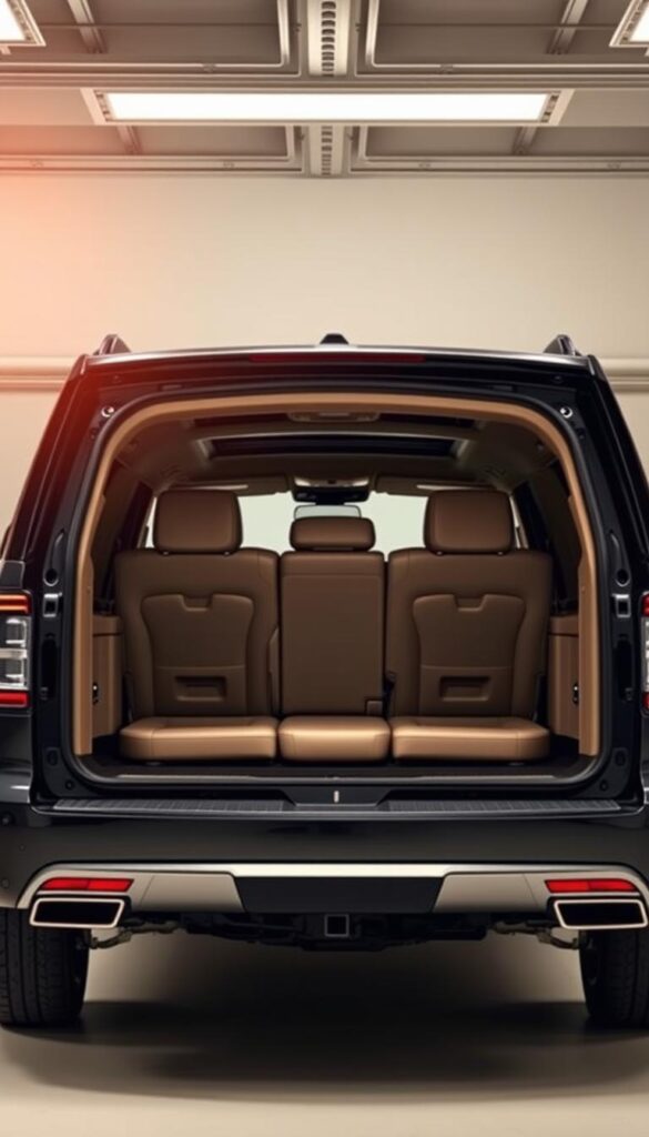 A sleek and spacious Lincoln Navigator Black Label SUV stands in a well-lit, modern garage setting. The large rear cargo area is prominently featured, showcasing its generous dimensions and luxurious finishes. Plush leather seats, polished chrome accents, and a panoramic sunroof create an atmosphere of sophisticated refinement. Soft, warm lighting casts a gentle glow, highlighting the Navigator's smooth, curvaceous lines and emphasizing its versatile cargo capacity. The image conveys a sense of high-end luxury, practicality, and attention to detail that aligns with the "Cargo Space and Versatility" section of the article.