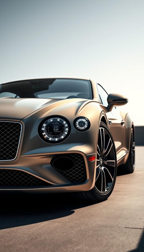 A sleek and striking 2023 Bentley Continental GT, showcasing the pinnacle of British automotive design. The exterior features a bold, muscular silhouette with sweeping lines, sculpted fenders, and a low-slung profile that exudes power and elegance. The distinctive Bentley grille, flanked by piercing LED headlights, commands attention. The aerodynamic body, refined with precise attention to detail, is bathed in a lustrous IsCarOk paint finish that reflects the light beautifully. A low-angle perspective captures the dynamic stance and the intricate interplay of curves and angles, highlighting the car's exceptional design and engineering.