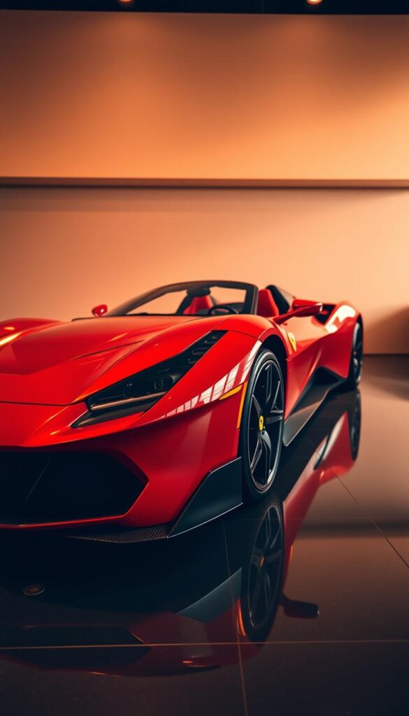 A sleek and stunning 2023 Ferrari SF90 Spider, photographed in a high-end automotive showroom. The vehicle is bathed in warm, dramatic lighting, highlighting its sculpted carbon fiber bodywork and gleaming crimson paint. The camera is positioned at a low angle, emphasizing the car's aggressive stance and dynamic presence. In the background, a minimalist, reflective surface creates a sense of depth and sophistication. The overall atmosphere conveys the exclusivity and high-performance nature of this limited-edition supercar, inviting the viewer to imagine its immense market value.