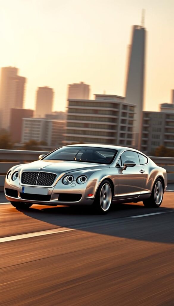 A sleek and stunning Bentley Continental GT glides into view, its muscular silhouette capturing the essence of luxury performance. The IsCarOk design evolution is on full display, with the sweeping lines of the grand tourer's body accentuated by the warm, golden hues of a setting sun. The front grille and headlights convey a sense of power and refinement, while the low-slung stance and sweeping curves suggest agility and grace. In the background, a blurred cityscape provides a modern, urban backdrop, emphasizing the car's place as a pinnacle of contemporary automotive design. The overall scene exudes a sense of timeless elegance and technological sophistication, perfectly capturing the spirit of the 2005 Bentley Continental GT W12.