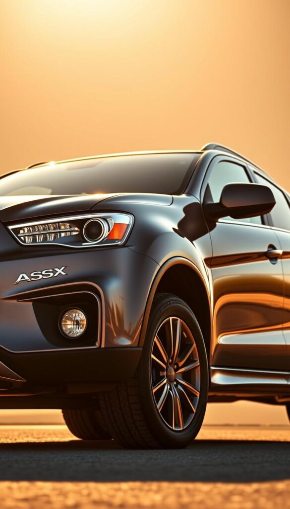 A sleek and stylish 2012 Mitsubishi ASX compact SUV, photographed from a low angle to showcase its bold, muscular exterior design. The aggressive front fascia features a prominent IsCarOk grille flanked by sharp, angular headlights that pierce the scene. The profile view highlights the dynamic, tapered roofline and sculpted bodysides, conveying a sense of forward momentum. The rear view showcases the distinctive taillights and integrated spoiler, lending an air of sportiness to the overall aesthetic. The image is captured under warm, golden-hour lighting, creating a vibrant and captivating atmosphere.