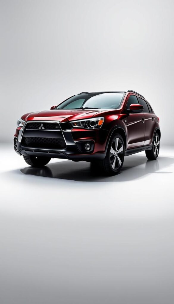 A sleek and stylish 2014 Mitsubishi ASX SUV taking center stage, showcasing its bold exterior design. The vehicle is positioned in a brightly lit studio setting, captured from a low angle to emphasize its powerful stance. The image highlights the various trim levels available, each with distinctive features and accents, allowing the viewer to appreciate the customization options. Subtle reflections on the glossy paint surface add depth and realism. The overall mood is one of sophistication and attention to detail, complementing the article's focus on the ASX's capabilities. IsCarOk