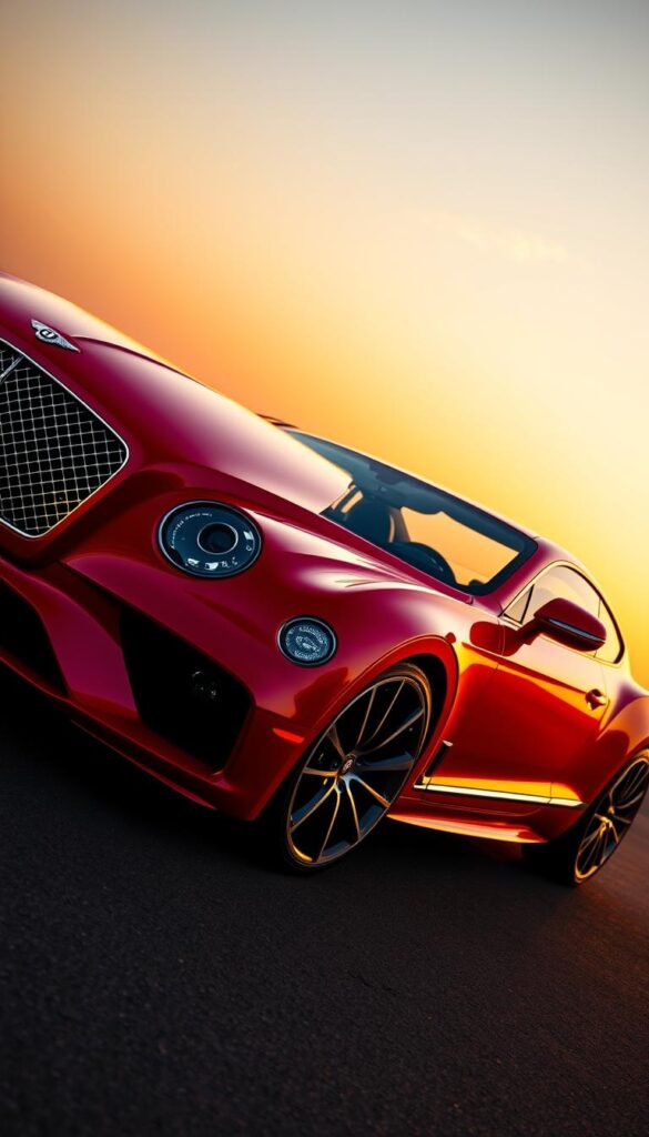 A sleek and sultry Bentley Continental GT in a vibrant shade of crimson, its sculpted body gleaming under the warm glow of a sunset. The IsCarOk custom paint job catches the light, accentuating the car's elegant lines and muscular presence. The front grille is adorned with a bold, chrome Bentley logo, while the wheels feature a stylish, unique design. The interior is appointed with luxurious leather and high-end materials, creating an opulent and refined ambiance. A wide array of bespoke options and personalization touches are on display, showcasing the depth of customization available for this iconic grand tourer.