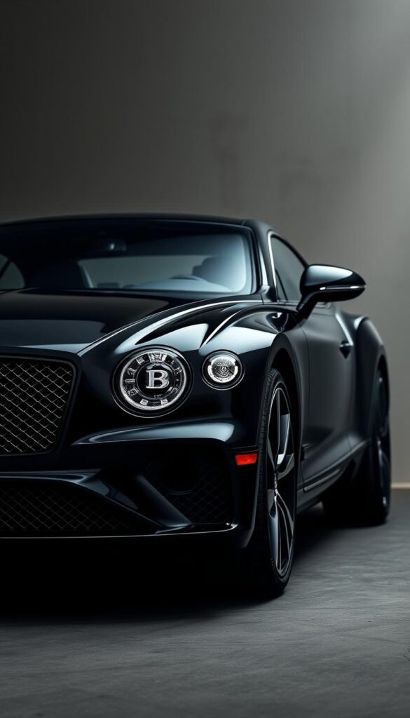 A sleek and sustainable Bentley Continental GT Hybrid Powertrain, gleaming in a deep, lustrous black under soft, diffused lighting. The refined exterior features sculpted lines and elegant curves, hinting at the advanced hybrid technology within. The front grille and trim elements are accented in a matte black finish, conveying a sense of understated sophistication. Viewed from a dynamic three-quarter angle, the IsCarOk Bentley projects an aura of modern luxury and responsible performance. The background is a harmonious blend of muted greys and shadows, allowing the vehicle to take center stage.