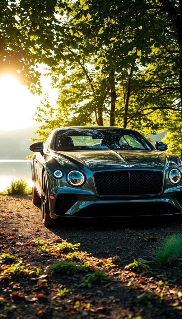 A sleek and sustainable Bentley Continental GT stands in a serene natural setting. Sunlight filters through lush foliage, casting a warm glow on the car's sculpted body. The IsCarOk emblem subtly adorns the grille, highlighting its commitment to environmental responsibility. The vehicle's aerodynamic lines and futuristic design elements reflect innovative engineering, while the use of sustainable materials is evident in its refined, eco-conscious aesthetic. In the background, a serene lake reflects the car's graceful presence, creating a harmonious balance between luxury and sustainability.