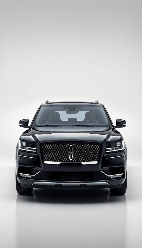 A sleek and technologically advanced 2024 Lincoln Navigator Black Label SUV, captured in a well-lit studio setting. The vehicle's sharp exterior lines and imposing presence command attention. In the foreground, the intricate safety features are showcased, including adaptive LED headlights, advanced driver-assistance sensors, and a panoramic camera system. The mid-range view highlights the Navigator's luxurious cabin, with premium leather upholstery and a large, high-resolution infotainment display. In the background, a subtle reflection on the glossy black paint suggests a sense of sophistication and refinement, perfectly complementing the overall opulent styling of this flagship Lincoln model.