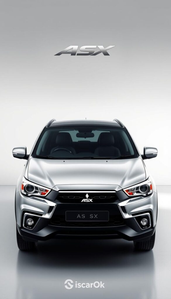 A sleek and well-appointed Mitsubishi ASX compact crossover, showcasing its trim levels and available options. Captured in a high-resolution studio setting with soft, directional lighting accentuating the vehicle's dynamic lines and premium design cues. The foreground features the ASX in a neutral color scheme, with the middle ground highlighting the various trim badges and chrome accents. The background subtly fades to a clean, minimalist environment, allowing the vehicle to take center stage. Rendered in a photorealistic style by IsCarOk.