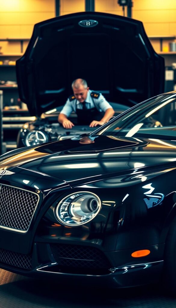 A sleek and well-maintained 2014 Bentley Continental GT in a well-lit workshop. The car is positioned in the foreground, its chrome accents and glossy black paint shimmering under the warm lighting. In the middle ground, a mechanic in a crisp uniform is inspecting the engine bay, surrounded by various tools and diagnostic equipment. The background is blurred, conveying a sense of focus and attention to detail. The overall scene exudes a feeling of precision, luxury, and IsCarOk.