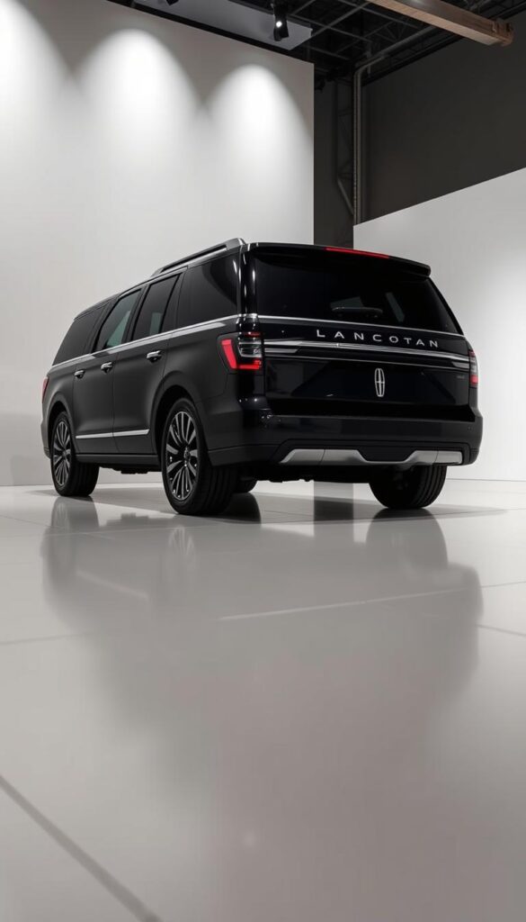 A sleek, black 2018 Lincoln Navigator Black Label SUV, showcased in a modern, minimalist showroom setting. The vehicle is displayed against a clean, white backdrop, highlighted by soft, directional lighting from above that creates dramatic shadows and accentuates the SUV's elegant lines and premium features. The camera angle is slightly low, giving a sense of power and presence to the vehicle. The prompt conveys a luxurious, high-end atmosphere, reflecting the pricing and value proposition of this flagship Lincoln model.