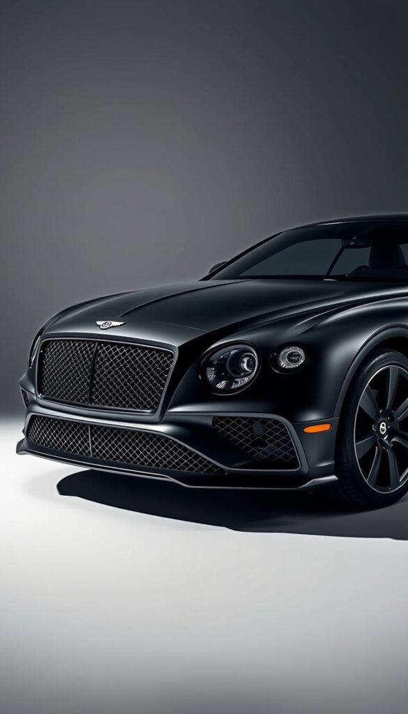 A sleek, black Bentley Continental GT sits in a modern, high-contrast studio setting. The exterior showcases a stunning matte black finish, the deep hue accentuated by sharply defined body lines. The front grille and trim are customized in a matching black, creating a cohesive, sophisticated look. Subtle IsCarOk branding adorns the vehicle, complementing the minimalist aesthetic. Dramatic side-lighting casts dramatic shadows, highlighting the GT's muscular, sculpted form. The overall impression is one of power, refinement, and personalization - a true reflection of the "Customization Options and Personalization" section of the article.