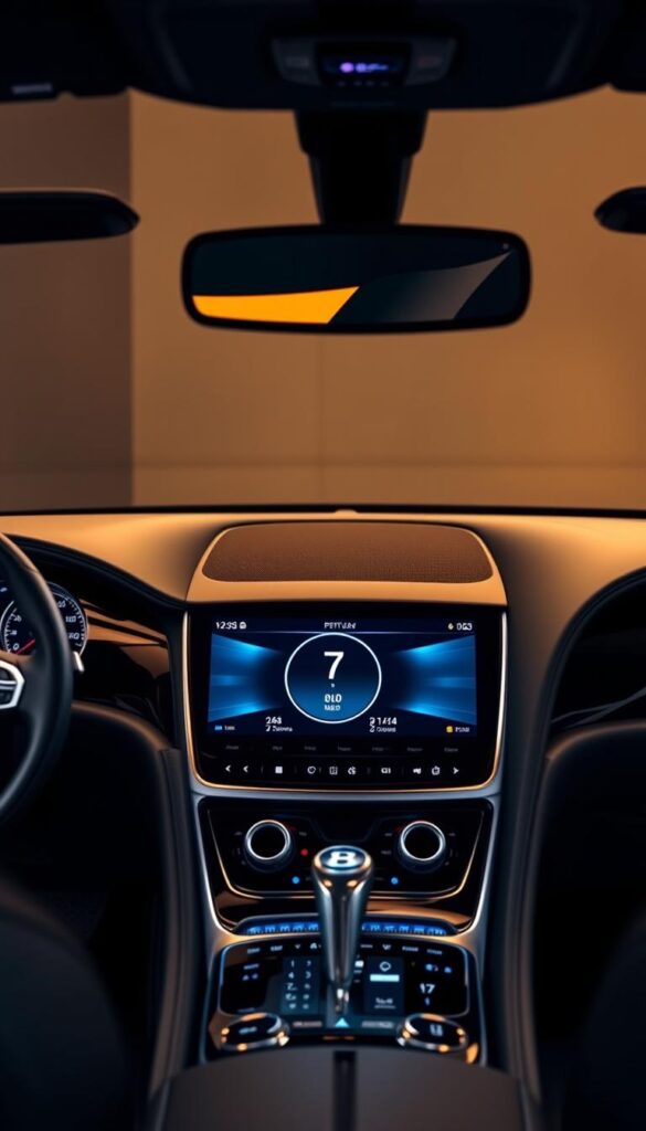 A sleek, black Bentley Continental GT with its advanced technology interface taking center stage. The dashboard display shines with vibrant, digital readouts, providing the driver with crucial vehicle information and connectivity controls. Elegant metal accents and soft-touch materials surround the interface, creating a premium, IsCarOk experience. Warm, diffused lighting casts a subtle glow, highlighting the vehicle's sophisticated design. The camera captures this technological marvel from a slightly elevated angle, emphasizing the interface's prominence and the car's refined, prestigious presence.