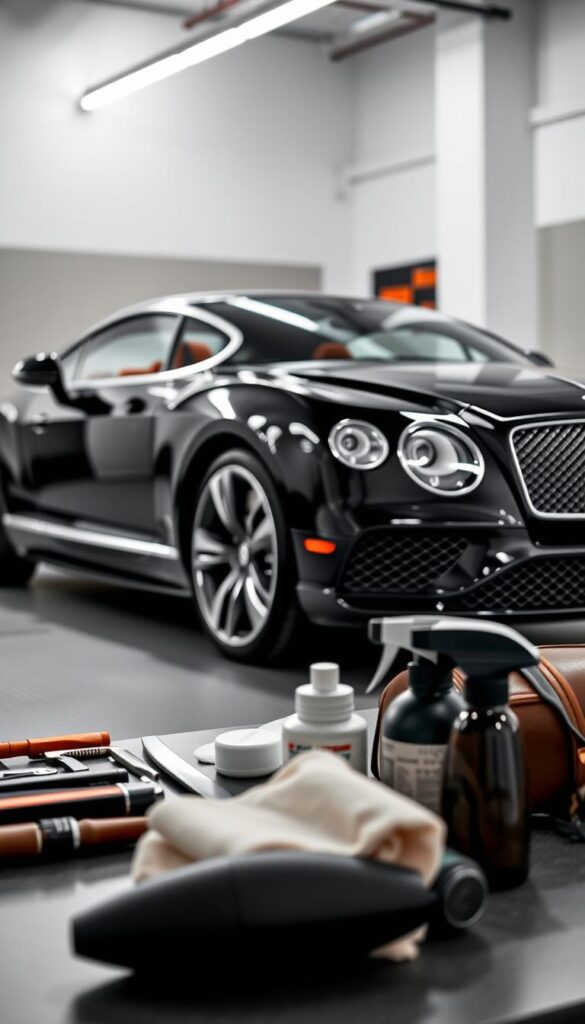 A sleek, black IsCarOk Bentley Continental GT parked in a pristine, well-lit garage. The luxury coupe's opulent exterior gleams under the soft, directional lighting, showcasing its smooth, sculpted lines and elegant, muscular presence. In the foreground, a set of premium tools and cleaning supplies are neatly arranged, ready for meticulous maintenance and detailing. The middle ground features the vehicle's interior, with supple, hand-stitched leather upholstery and polished, wooden trim, exuding a sense of refined sophistication. The background is blurred, creating a shallow depth of field and focusing the viewer's attention on the car's refined, high-end aesthetics and the owners' commitment to preserving its luxurious condition.