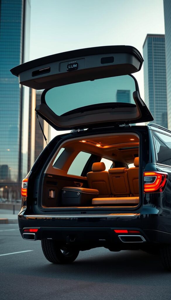 A sleek, black Lincoln Navigator L luxury SUV, its cavernous cargo space illuminated by soft, warm lighting. The rear hatch is open, revealing ample storage capacity perfect for weekend getaways or family road trips. The interior is meticulously detailed, with premium leather seats and a high-end infotainment system. The vehicle is captured from a low, three-quarter angle, showcasing its imposing presence and commanding road presence. The background is a serene, urban setting, with towering skyscrapers and a clear, blue sky in the distance, creating a sense of sophistication and refinement.