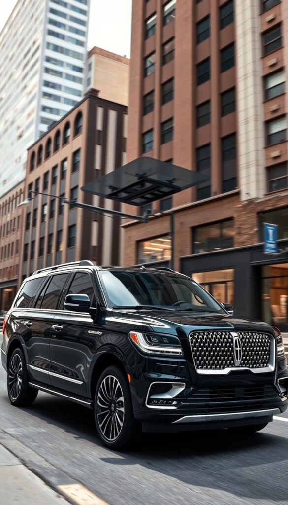 A sleek, black Lincoln Navigator glides through the city streets, its advanced technology seamlessly integrated. The car's exterior radiates a sense of power and sophistication, with sharp lines and a bold grille that command attention. Inside, the cabin exudes luxury, with premium leather seats and a state-of-the-art infotainment system that responds to voice commands. Overhead, the large panoramic sunroof floods the interior with natural light, creating a warm and inviting atmosphere. The vehicle is captured in a low-angle shot, emphasizing its impressive presence and the cutting-edge technology that sets it apart.