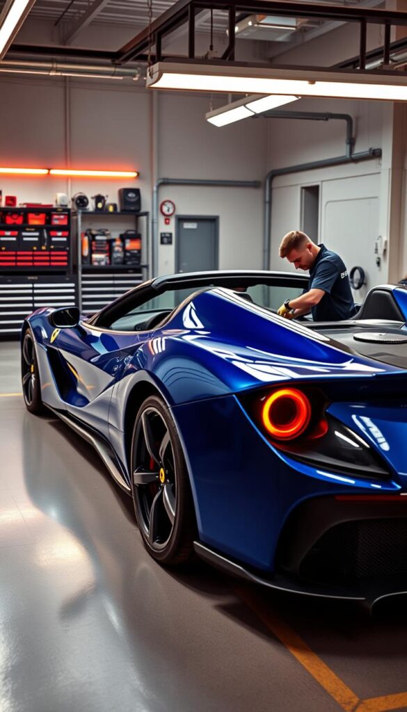 A sleek, blue Ferrari SF90 Spider stands majestically in a well-lit professional garage. The vehicle's sculpted lines and aerodynamic design are showcased in stunning detail, as a skilled mechanic examines its inner workings with precision. Vibrant LED lighting casts a warm glow, highlighting the car's intricate components and the technician's focused expression. The background features a neatly organized tool rack and a clean, minimalist workspace, conveying a sense of expertise and attention to detail. This image captures the captivating maintenance experience of this high-performance Italian marvel.