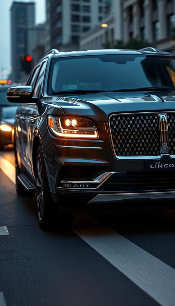 A sleek, chrome-accented Lincoln Navigator navigating city streets, its advanced safety features in full display. The front grille and headlights emit a warm, ambient glow, illuminating the advanced sensor array, radar, and camera systems that scan the surroundings. The powerful engine rumbles softly, ready to react to any potential hazards. Inside, the luxurious leather interior is bathed in a soft, ambient light, showcasing the intuitive driver assistance technologies at the driver's fingertips. The overall scene conveys a sense of cutting-edge safety and security, with the Navigator poised to protect its occupants in any driving situation.