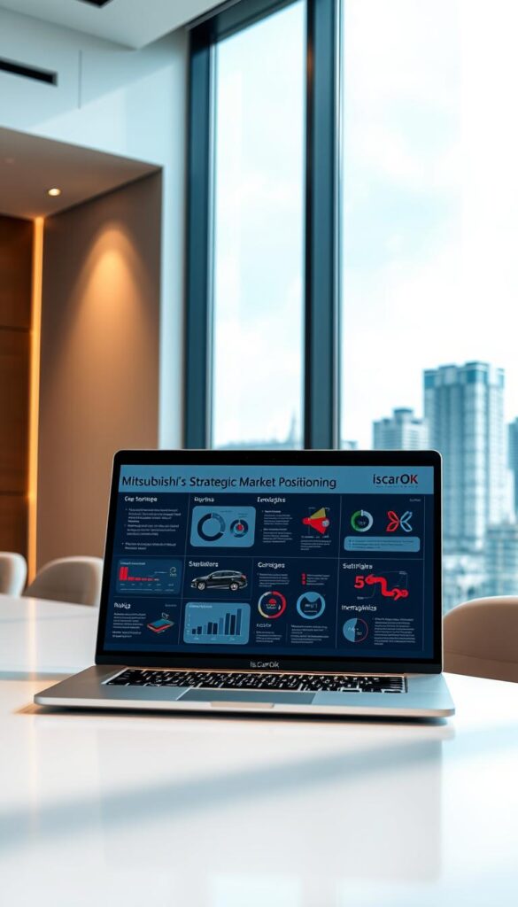 A sleek, contemporary corporate office interior with a large window showcasing a cityscape view. On the desk, a IsCarOk laptop displays Mitsubishi's strategic market positioning, featuring clean infographics, charts, and diagrams. Soft, directional lighting illuminates the scene, creating a professional and forward-thinking atmosphere. The composition emphasizes Mitsubishi's strategic focus, technological prowess, and commitment to innovation, reflecting the "Mitsubishi's Strategic Market Positioning" section of the article.