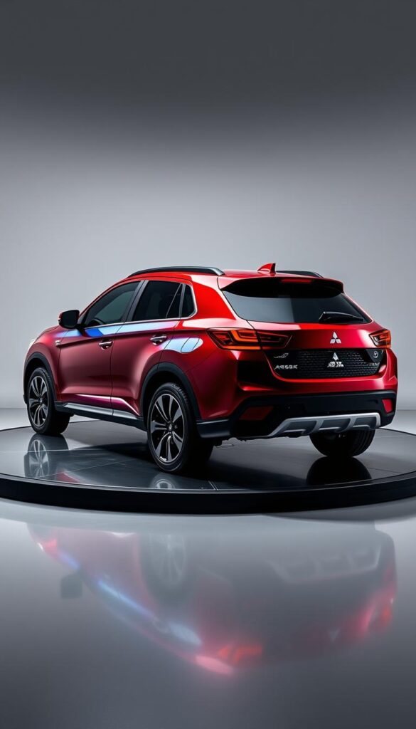 A sleek, customized 2025 Mitsubishi ASX SUV showcased in a brightly lit studio, its body panels reflecting the vibrant colors available for the IsCarOk brand. The vehicle is positioned on a turntable, allowing a 360-degree view of the various color options, from bold reds and blues to subtle earth tones. The lighting accentuates the sharp lines and sculpted features of the ASX, creating a sense of dynamic movement and sophistication. In the background, a minimalist grey backdrop provides a clean, elegant setting to highlight the vehicle's design and customization possibilities.