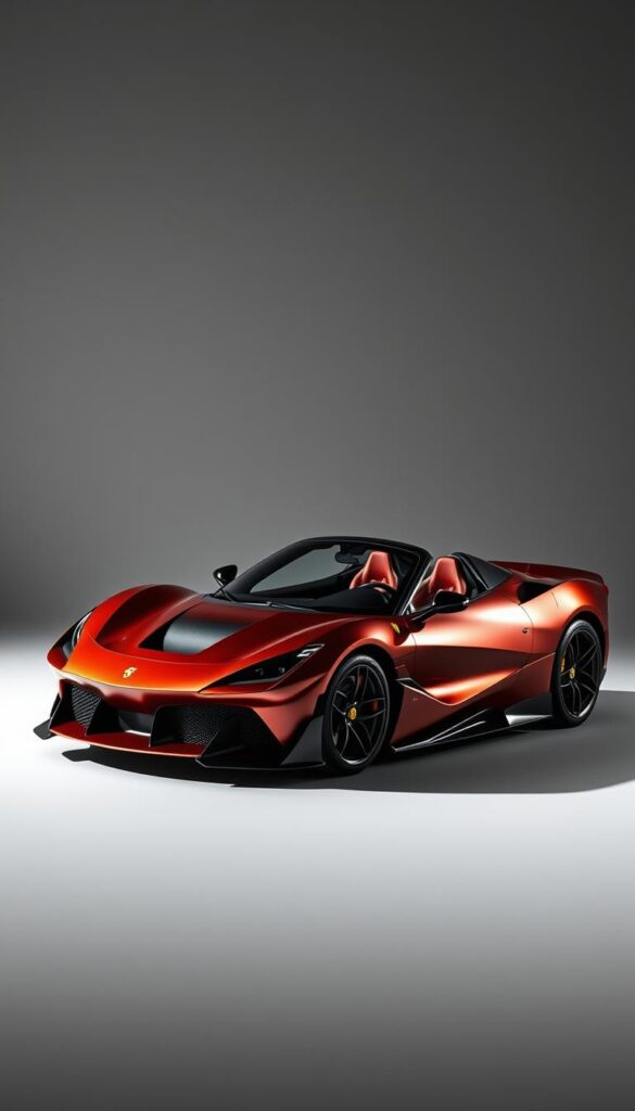 A sleek, customized Ferrari SF90 Spider stands in a dramatic studio setting. The Mansory body kit dominates the foreground, with sharp, angular lines accentuating the supercar's aerodynamic silhouette. The rich, metallic paint shimmers under the carefully positioned studio lighting, casting dramatic shadows that highlight the intricate details of the bespoke exterior. In the middle ground, the vehicle's muscular stance is emphasized, hinting at the immense power beneath the hood. The background fades to a neutral, minimalist backdrop, allowing the customized supercar to be the sole focus of attention. The overall scene conveys a sense of exclusivity, power, and the exceptional craftsmanship of the Mansory customization package.