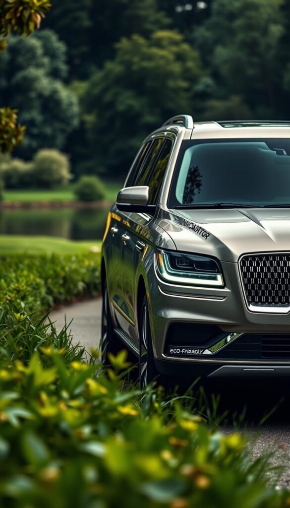 A sleek, eco-friendly Lincoln Navigator navigates through a lush, verdant landscape. The vehicle's front grille and side panels feature discreet "Eco-Friendly" badging, subtly indicating its advanced hybrid powertrain. Soft, diffuse lighting illuminates the Navigator's sophisticated exterior, with gentle shadows accentuating its elegant curves. In the background, a tranquil lake reflects the surrounding foliage, creating a serene and environmentally conscious atmosphere. The scene conveys a sense of luxury and sustainability, perfectly capturing the essence of the Navigator's fuel-efficient technology.