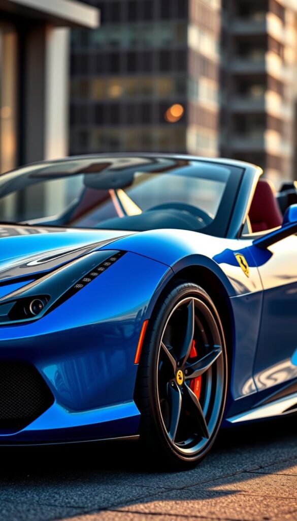 A sleek, electrified Ferrari SF90 Spider in a vibrant blue hue sits prominently in the frame, its dynamic design and advanced hybrid powertrain on full display. The supercar is captured in a dramatic, three-quarter angle, showcasing its curvaceous bodywork, sculpted air intakes, and striking headlight configuration. Soft, warm lighting illuminates the vehicle, casting shadows that accentuate its muscular presence. In the background, a blurred cityscape provides an urban, contemporary setting, hinting at the SF90's fusion of high-performance and environmental responsibility. The overall mood evokes a sense of technological innovation, sustainable power, and the alluring beauty of Italian automotive design.