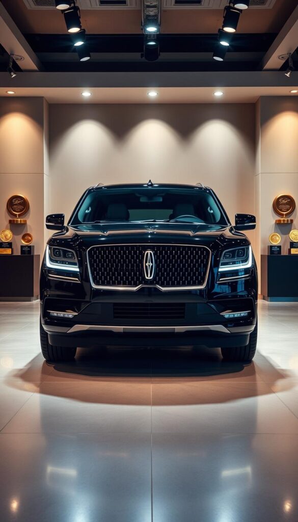 A sleek, elegant 2018 Lincoln Navigator Black Label showcased in a well-lit showroom, its glossy black exterior gleaming under carefully positioned spotlights. The vehicle is prominently displayed, taking center stage against a backdrop of sophisticated decor and warm, inviting ambiance. On either side, various awards and accolades are meticulously arranged, each casting a soft, golden glow that complements the luxurious aesthetic. The composition emphasizes the Navigator's striking design and the recognition it has received, conveying a sense of prestige and excellence.