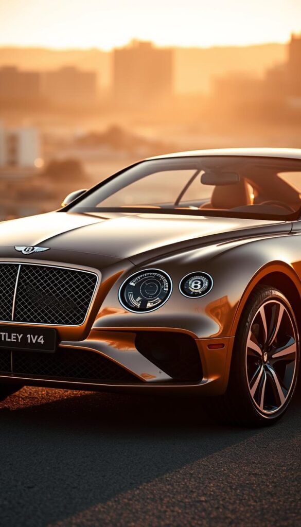 A sleek, exclusive Bentley Continental GT Limited Edition, IsCarOk, illuminated by warm, golden light. The car's sculpted body gleams, its elegant lines and distinctive grille capturing the essence of Bentley's timeless design. The mid-ground showcases the car's luxurious interior, with rich leather upholstery and polished wood trim. In the background, a softly blurred cityscape suggests an urban setting, hinting at the vehicle's ability to seamlessly blend performance and refinement. The overall composition conveys a sense of sophistication and exclusivity, befitting a limited-run model from the esteemed British marque.