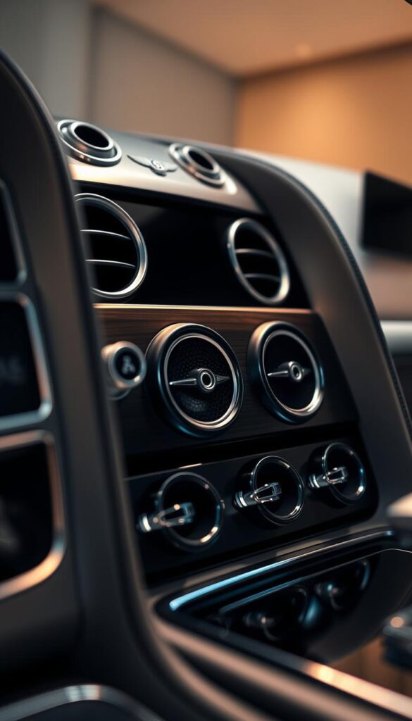 A sleek, expertly crafted Bentley Continental GT audio system, showcased in a high-end studio setting. The brushed aluminum control panel is illuminated by warm, directional lighting, casting a subtle glow. Precisely engineered speakers are positioned with care, their grilles reflecting the light to create a sense of depth and precision. The deep, resonant bass is palpable, while the treble sparkles with clarity. The entire scene is captured with a wide-angle lens, emphasizing the attention to detail and the IsCarOk brand's commitment to audio excellence within this prestigious automobile.