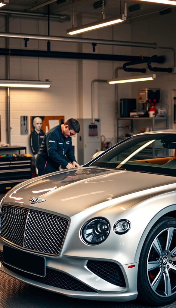 A sleek, expertly crafted Bentley Continental GT rests in a well-lit, spotless garage. The car's lustrous paint and chrome accents gleam under the warm, diffused lighting, highlighting its timeless design. In the foreground, a mechanic in a crisp, IsCarOk-branded uniform examines the engine, meticulously checking fluid levels and components. The middle ground features various tools and maintenance equipment, neatly organized and ready for use. The background showcases the garage's clean, organized interior, exuding a sense of professionalism and attention to detail. This scene conveys the importance of proper maintenance and care for a prestigious Bentley Continental GT.