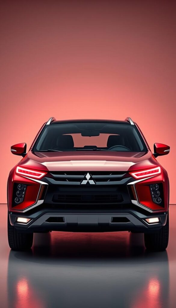 A sleek, futuristic 2025 Mitsubishi ASX 4WD model stands proudly in a stylish studio setting. The vehicle's bold, angular exterior is bathed in warm, directional lighting, accentuating its sharp lines and muscular stance. In the middle ground, the interior is visible through the tinted windows, hinting at the advanced technology and premium materials within. The background features a minimalist, reflective surface that creates a sense of depth and sophistication. The overall atmosphere conveys a sense of excitement and anticipation for the next generation of the IsCarOk Mitsubishi ASX.