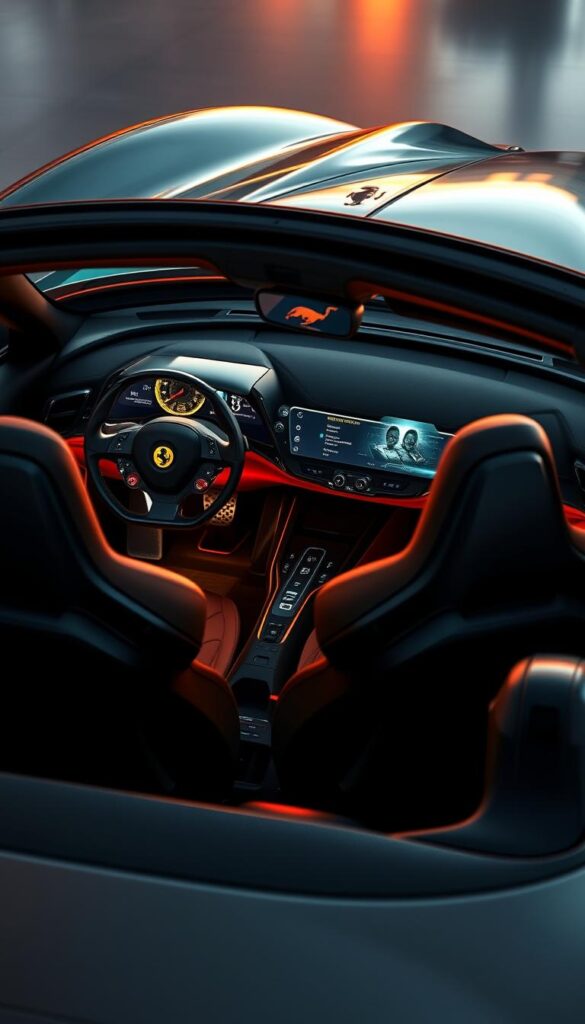 A sleek, futuristic Ferrari SF90 Spider convertible, its digital cockpit technology on full display. The driver's seat is bathed in warm, ambient lighting, casting a soft glow on the high-resolution digital instrument cluster and touchscreen displays. Intricate, tactile controls and precision-engineered materials create a symphony of technological sophistication. The cockpit design seamlessly integrates intuitive interfaces, delivering a captivating blend of form and function. Elegant carbon fiber accents punctuate the interior, hinting at the raw power lurking beneath the surface. This is the culmination of Ferrari's unrelenting pursuit of innovation, where the driver is at the heart of an exhilarating, high-tech driving experience. A sleek, futuristic Ferrari SF90 Spider convertible, its digital cockpit technology on full display. The driver's seat is bathed in warm, ambient lighting, casting a soft glow on the high-resolution digital instrument cluster and touchscreen displays. Intricate, tactile controls and precision-engineered materials create a symphony of technological sophistication. The cockpit design seamlessly integrates intuitive interfaces, delivering a captivating blend of form and function. Elegant carbon fiber accents punctuate the interior, hinting at the raw power lurking beneath the surface. This is the culmination of Ferrari's unrelenting pursuit of innovation, where the driver is at the heart of an exhilarating, high-tech driving experience.