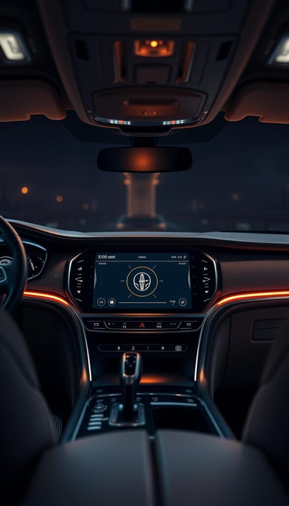 A sleek, futuristic Lincoln Navigator dashboard, with a central touchscreen display showcasing the "Digital Scent Technology" interface. The display features a stylized icon and intuitive controls, bathed in a warm, ambient glow. Surrounding the display, the interior is crafted with premium materials - brushed metal, smooth leather, and subtle ambient lighting. The scene is captured with a cinematic, low-angle perspective, emphasizing the vehicle's imposing presence and high-tech sophistication. An aura of luxury and innovation permeates the frame, inviting the viewer to envision the immersive sensory experience of the Lincoln Digital Scent technology.