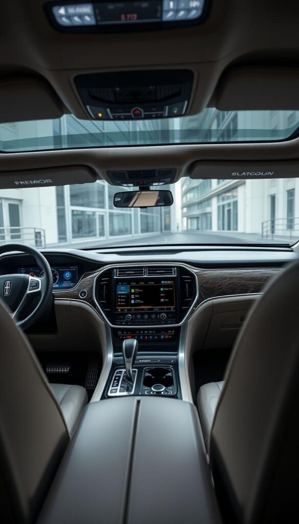 A sleek, high-end Lincoln Navigator Black Label interior, showcasing the premium audio system. The dashboard and center console are elegantly designed, with brushed aluminum and piano black accents. The large, seamlessly integrated touchscreen displays the audio interface, with clear, intuitive menus. Strategically placed speakers deliver immersive, concert-hall-quality sound, enveloping the occupants in a rich, cinematic audio experience. Soft, premium leather seats and ambient lighting create a luxurious, refined atmosphere. The scene is captured with a wide-angle lens, highlighting the attention to detail and the driver-centric layout of the cockpit.