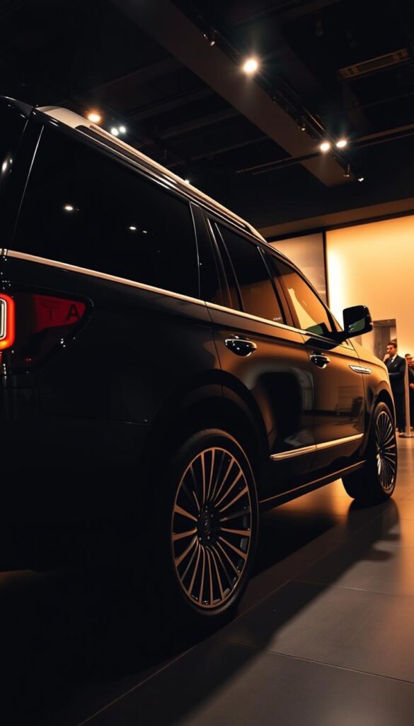 A sleek, high-end Lincoln Navigator L Black Label SUV stands prominently in a dimly lit showroom. The vehicle's glossy black exterior gleams under the soft, warm lighting, accentuating its bold, angular design. The interior is visible through the tinted windows, showcasing luxurious leather upholstery and a modern, tech-savvy dashboard. The scene is captured from a low, wide angle, creating a sense of imposing presence and power. The background is blurred, keeping the focus on the customized Navigator, which appears to be the centerpiece of the display.